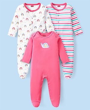 Babyhug 100% Cotton Interlock Knit Full Sleeves Striped & Rainbow Printed Sleep Suits Pack Of 3 - Pink & White