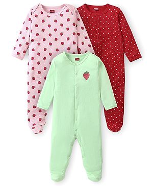 Babyhug Interlock Cotton Knit Full Sleeves Footed Sleep Suit with Fruit & Polka Dots Print Pack of 3 - Multicolour