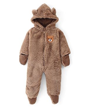 Babyhug Fur Woven Full Sleeves Hooded Winter Wear Romper Bear Patch -Brown