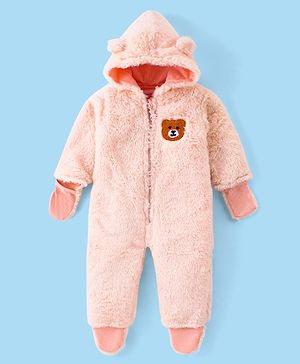 Babyhug Fur Woven Full Sleeves Hooded Winter Wear Romper Bear Patch -Peach