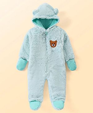 Babyhug Fur Full Sleeves Bear Embroidered Footed & Hooded Winter Romper - Aqua Blue