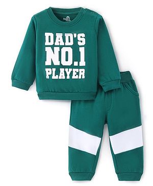 Doodle Poodle Cotton Knit Full Sleeves T-Shirt & Lounge Pants Set With Text Print - Dark Green & White