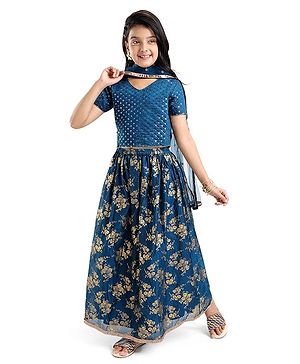 Pine Kids Half Sleeves Sequined Choli Lehenga Set with Dupatta & Gold Foil Floral Print - Teal Blue