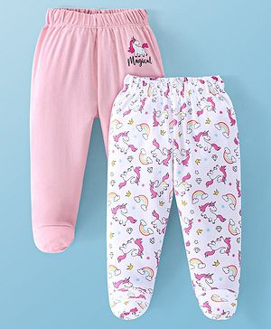 Doodle Poodle Interlock Cotton Knit Bootie Leggings with Unicorn Print Pack of 2 - White & Pink