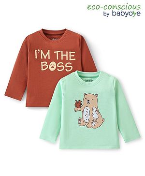 Babyoye 100% Cotton Quilted Fabric Knit Full Sleeves T-Shirts with Text & Bear Print Pack of 2 - Brown & Mint