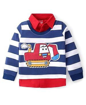 Babyhug Cotton Knit Full Sleeves Overlapped Striped Polo T-Shirt with JCB Patch - Navy Blue & White