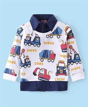 Babyhug Cotton Knit Full Sleeves Overlapped Collared T-Shirt With Construction Vehicles Print - Blue White