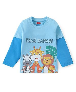 Babyhug Cotton Knit Full Doctor Sleeves T-Shirt with Text & Animal Print - Blue