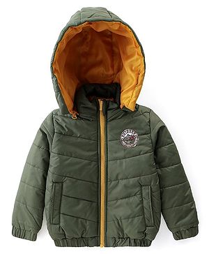 Babyhug Woven Full Sleeves Solid Color Padded Hooded Jacket- Olive Green & Mustard