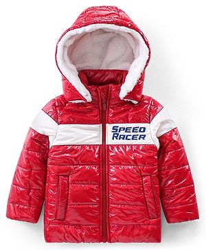Babyhug Full Sleeves Front Open Padded Hooded Jacket with Colour Block Design & Text Embroidery - Red