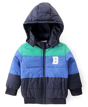 Babyhug Woven Full Sleeves Padded Hooded Jacket With Colour Block Design & Patch Detailing - Navy Blue & Green