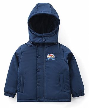 Babyhug Full Sleeves Front Open Padded Hooded Jacket with Detachable Hood & Embroidery Detailing - Navy Blue