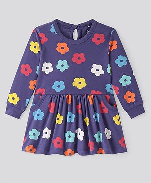 Bonfino 100% Cotton Knit Full Sleeves Floral Print Dress With 2 Side Pockets - Blue