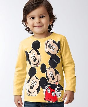 Babyhug Disney Cotton Knit Full Sleeves T-Shirt with Mickey Mouse Graphic - Yellow