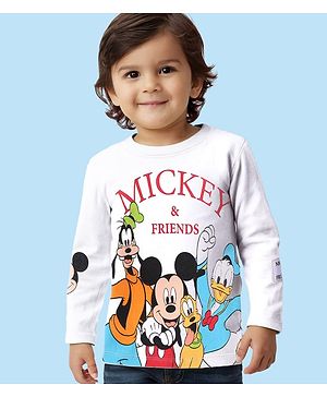 Babyhug Disney Cotton Knit  Full Sleeves T-Shirt with Mickey Mouse & Friends Graphic & Patch Detailing - Cream