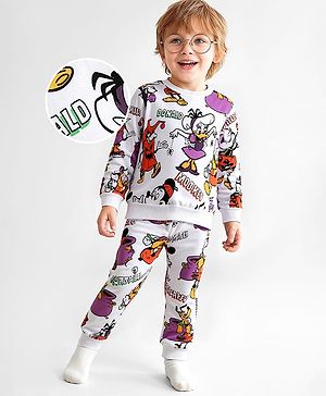Babyhug Disney  Terry Knit Full Sleeves T-Shirt & Lounge Pants Set With Mickey Mouse & Friends Graphics - White