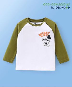 Babyoye Disney Single Jersey Raglan Full Sleeves  T-Shirt with Micky Mouse Print - White & Green