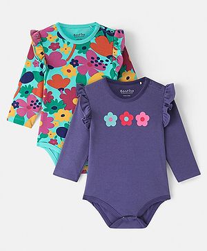 Bonfino 100% Cotton Full Sleeves Onesies With Floral Print & Frill Detailing Pack Of 2 - Green & Blue