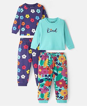 Bonfino 100% Cotton Knit Full Sleeves Night Suit with Floral & Text Print Pack of 2 - Mint & Blue