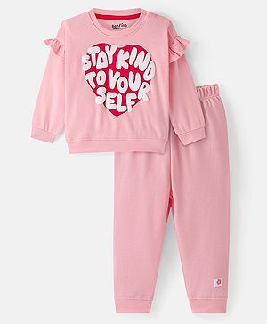 Bonfino 100% Cotton Knit Full Sleeves Sweatshirt & Leggings Winter Wear Set With Heart & Text Print - Pink