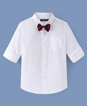 Pine Kids Cotton Woven Full Sleeves Solid Colour  Party Shirt with Bow - White