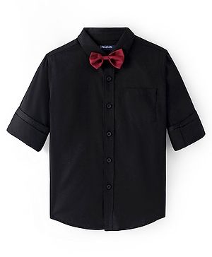 Pine Kids Cotton Woven Full Sleeves Solid Colour Party Shirt with Bow - Black
