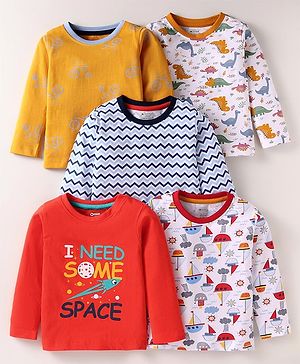 OHMS Single Jersey Knit Full Sleeves T-Shirts With Dino & Boat Print Pack of 5 - Multi Colour