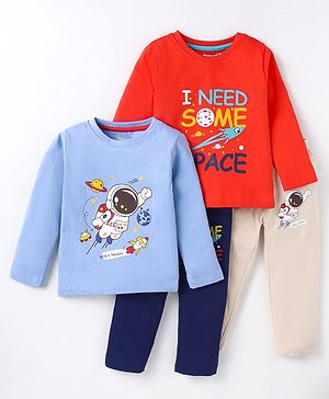 OHMS Single Jersey Knit Full Sleeves T-Shirts & Lounge Pants Set With Space Theme Print Pack Of 2 - Red & Light Blue