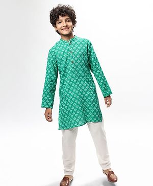 Pine Kids Cotton Woven Full Sleeves Kurta Pyjama Set Floral Print - Green