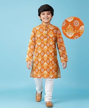 Pine Kids Cotton Woven Full Sleeves Kurta Pyjama Set Paisley Print - Mustard