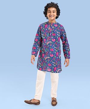 Pine Kids Cotton Woven Full Sleeves Kurta Pyjama Set Floral Print - Blue