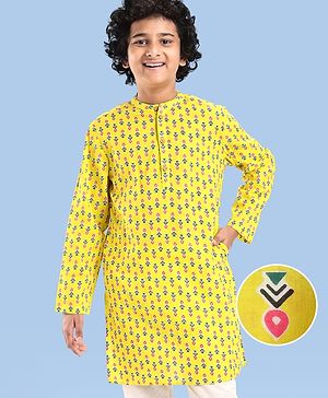 Pine Kids Cotton Woven Full Sleeves Printed Kurta - Yellow