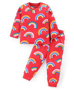 Babyhug Cotton Knit Full Sleeves Rainbow Printed Night Suit - Red