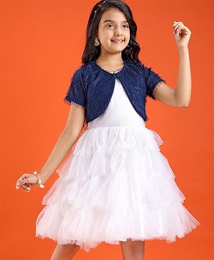 Pine Kids Woven Solid Color Dress with Half Sleeves Fur Shrug - White & Blue