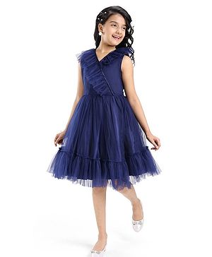 Pine Kids Sleeveless Tiered Party Frock with Frill Detailing  - Navy Blue