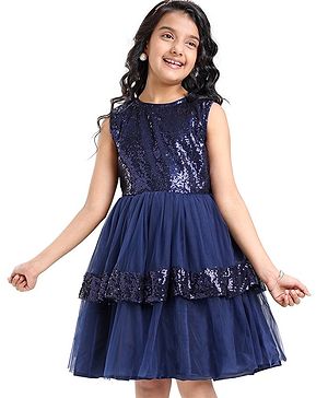 Pine Kids Sleeveless Party Layered  Sequined Frock - Navy Blue