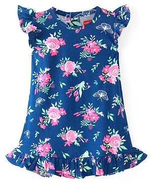 Babyhug Cotton Knit Frill Sleeves Nighty With Floral Print - Navy