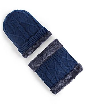 Pine Kids Woollen Cap & Muffler Set with Cable Knit Design - Navy