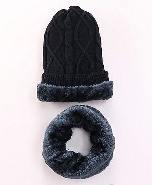 Pine Kids Woolen Cap & Muffler Set with Cable Knit Design - Black