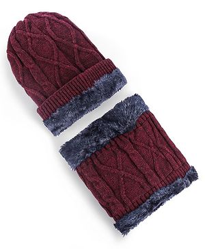 Pine Kids Woollen Cap & Muffler Set with Cable Knit Design - Maroon