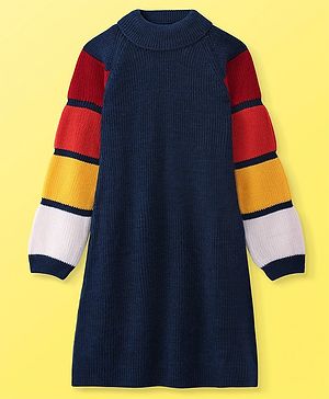 Hola Bonita Knitted Full Raglan Sleeves & Turtle Neck Sweater Dress with Color Block Print - Navy Blue