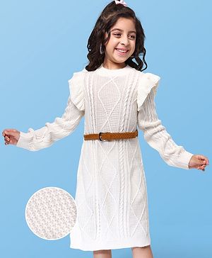 Hola Bonita Knitted Full Sleeves Winter Frock with Cable Knit Design  - White