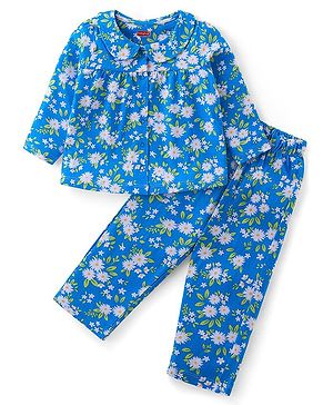 Babyhug Cotton Knit Full Sleeves Peter Pan Collared Night Suit With Floral Print - Blue