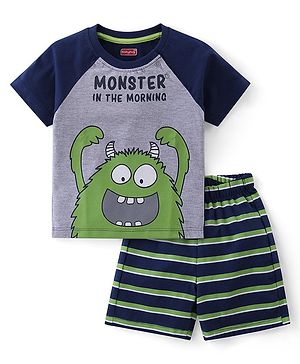 Babyhug Cotton Knit Half Sleeves Night Suit With Monster Print - Navy