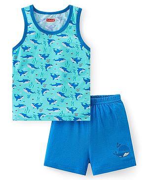Babyhug 100% Cotton Single Jersey Sleeveless Sando Shorts Set Whale Print - Blue