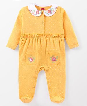 Babyhug Cotton Knit Full Sleeves Peter Pan Collared Sleepsuit With Floral Print - Yellow