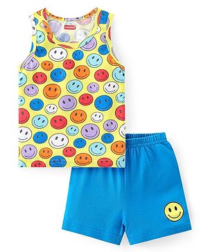 Babyhug 100% Cotton Single Jersey Sleeveless Sando Shorts Set Smiley Print - Multicolor