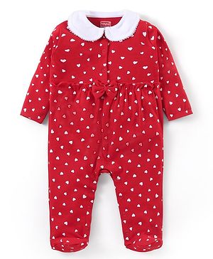 Babyhug Cotton Knit Full Sleeves Peter Pan Collared Sleep Suit With Hearts Print - Red