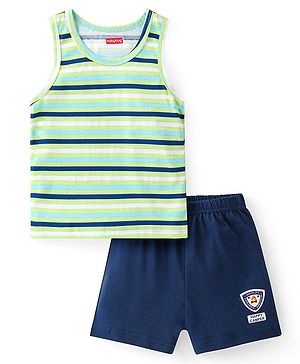 Babyhug 100% Cotton Sleeveless Sando & Shorts Set With Stripes And Logo Print - Navy Blue