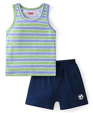 Babyhug 100% Cotton Knit Sleeveless Striped Sando & Shorts Set With Football Print - Navy Blue